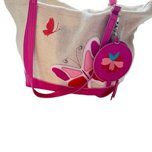 Rosetti Beige / Pink Large Tote/Beach Bag Butterfly Accent with Coin Pur…